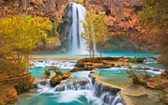 waterfalls, rock, river, autumn