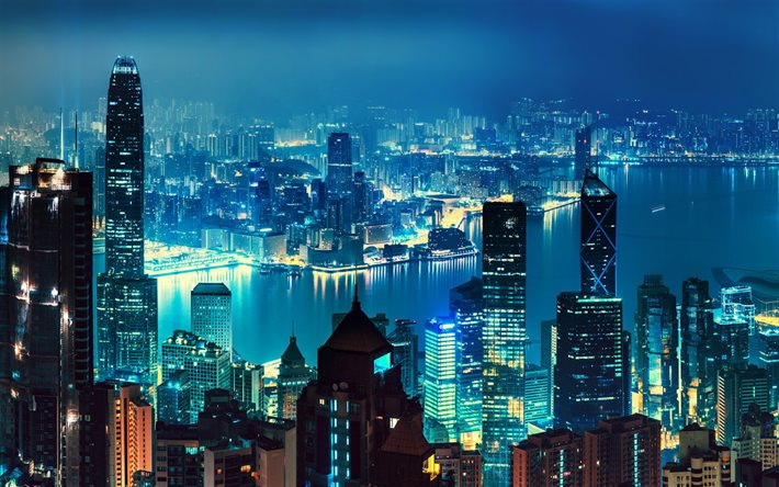 홍콩, 고층 빌딩, 야경, 스카이 라인, 중국