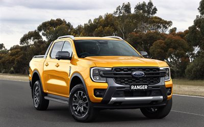 Ford Ranger, 4k, road, 2023 cars, pickups, Yellow Ford Ranger, 2023 Ford Ranger, american cars, Ford