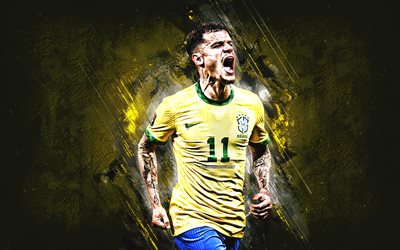 philippe coutinho, brasilian jalkapallomaajoukkue, muotokuva, brasilialainen jalkapalloilija, keskikenttäpelaaja, keltainen tausta, brasilia, jalkapallo