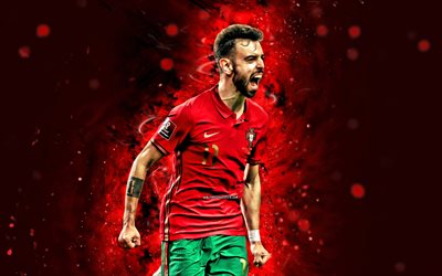 Bruno Fernandes, 4k, red neon lights, Portugal National Football Team, soccer, footballers, red abstract background, Portuguese football team, Bruno Fernandes 4K