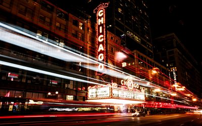 Chicago, gece, trafik ışıkları, Illinois, USA, Amerika