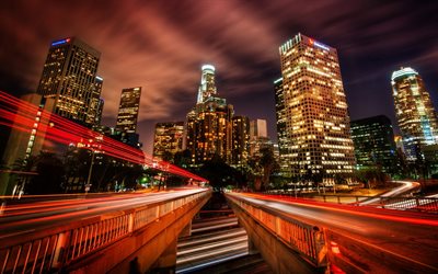 Los Angeles, night, skyscrapers, HDR, traffic lights, USA, America