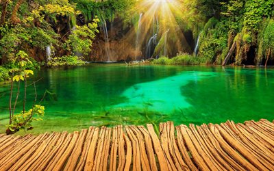 Croatia, Plitvice Lakes National Park, garden, waterfalls, lake, forest