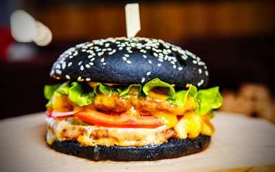 काला बर्गर, 4k, क्लोज़ अप, फास्ट फूड, जंक फूड, स्वादिष्ट बर्गर, कटलेट, बर्गर, फास्टफूड अवधारणाओं