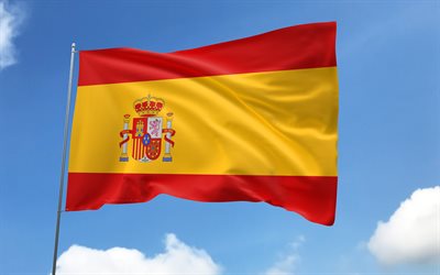 Spain flag on flagpole, 4K, European countries, blue sky, flag of Spain, wavy satin flags, Spanish flag, Spanish national symbols, flagpole with flags, Day of Spain, Europe, Spain flag, Spain
