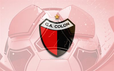 CA Colon glossy logo, 4K, red football background, Liga Profesional, soccer, argentine football club, CA Colon 3D logo, CA Colon emblem, Colon FC, football, sports logo, CA Colon, Colon Santa Fe