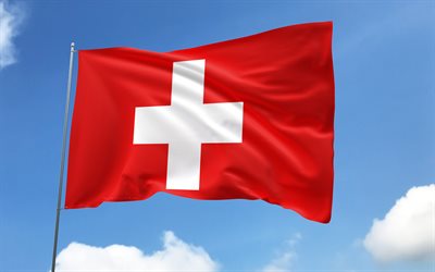 sveitsin lippu lipputankoon, 4k, eurooppalaiset maat, sinitaivas, espanjan lippu, aaltoilevat satiiniliput, sveitsin lippu, sveitsin kansalliset symbolit, lipputanko lipuilla, sveitsin päivä, euroopassa, sveitsi