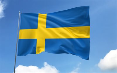 sverige flagga på flaggstång, 4k, europeiska länder, blå himmel, sveriges flagga, vågiga satinflaggor, svenska flaggan, svenska nationalsymboler, flaggstång med flaggor, sveriges dag, europa, sverige