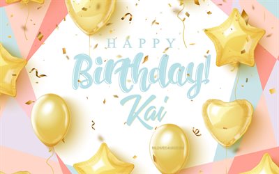 जन्मदिन मुबारक काई, 4k, सोने के गुब्बारों के साथ जन्मदिन की पृष्ठभूमि, काई, 3 डी जन्मदिन पृष्ठभूमि, काई जन्मदिन, सोने के गुब्बारे, काई जन्मदिन मुबारक हो