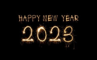 felice anno nuovo 2023, sfondo nero, 2023 brilla sullo sfondo, 2023 concetti, 2023 felice anno nuovo, biglietto d'auguri 2023, sfondo di fuochi d'artificio 2023
