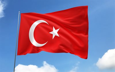 Turkey flag on flagpole, 4K, European countries, blue sky, flag of Turkey, wavy satin flags, Turkish flag, Turkish national symbols, flagpole with flags, Day of Turkey, Europe, Turkey flag, Turkey