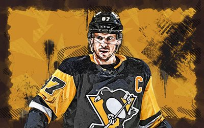 4k, Sidney Crosby, grunge art, Pittsburgh Penguins, NHL, hockey, Sidney Crosby 4K, yellow grunge background, Sidney Crosby Pittsburgh Penguins