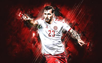 Pierre-Emile Hojbjerg, Denmark national football team, Danish football player, midfielder, portrait, red stone background, football, Denmark