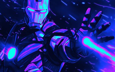 4k, iron man, cyberpunk, abstrakt konst, superhjältar, violetta bakgrunder, bilder med iron man, marvel comics, kreativ, iron man 4k, iron man cyberpunk