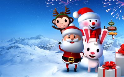frohe weihnachten, 4k, 3d weihnachtsfiguren, frohes neues jahr, weihnachtsmann, hirsch, schneemann, hase, frohes jahr des kaninchens, hintergrund mit weihnachtsmann, cartoon winterlandschaft, weihnachtsgrußkarte