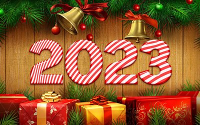 4k, 2023 Happy New Year, candy 3D digits, gift boxes, xmas frames, 2023 concepts, xmas decorations, 2023 3D digits, Happy New Year 2023, creative, 2023 candy digits, 2023 wooden background, 2023 year