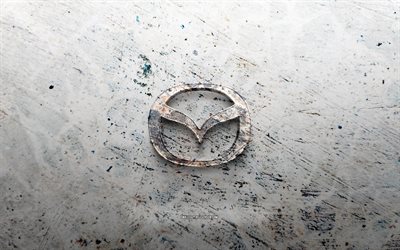logo in pietra mazda, 4k, sfondo di pietra, marchio mazda 3d, marchi automobilistici, creativo, marchio mazda, arte del grunge, mazda