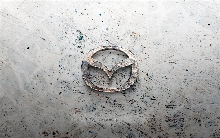 شعار مازدا ستون, 4k, الحجر الخلفية, شعار mazda 3d, ماركات السيارات, خلاق, شعار مازدا, فن الجرونج, مازدا
