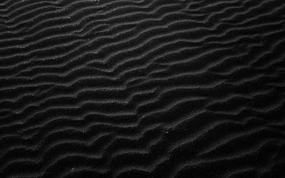 4k, textures ondulées de sable, sable noir, textures naturelles, arrière plans de sable, fond ondulé de sable, textures de sable, fond avec du sable