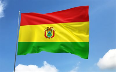 bandeira da bolívia no mastro, 4k, países da américa do sul, céu azul, bandeira da bolívia, bandeiras de cetim onduladas, bandeira boliviana, símbolos nacionais bolivianos, mastro com bandeiras, dia da bolívia, américa do sul, bolívia