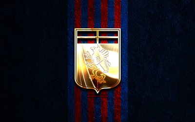 ジェノア fc ゴールデン ロゴ, 4k, 青い石の背景, セリエb, イタリアのサッカークラブ, ジェノア fc のロゴ, サッカー, ジェノア fc のエンブレム, ジェノアfc, フットボール, ジェノヴァ