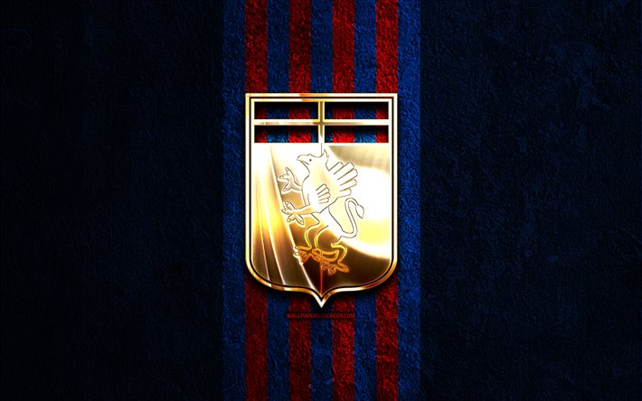 goldenes logo des fc genua, 4k, hintergrund aus blauem stein, serie b, italienischer fußballverein, genua fc logo, fußball, genua fc emblem, fc genua, genua
