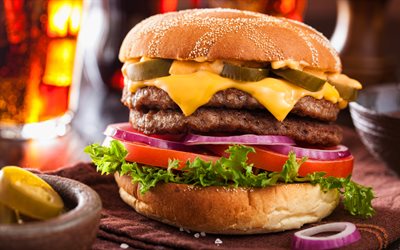 doppio hamburger, 4k, cheeseburger, fast food, cibo spazzatura, hamburger appetitoso, cotoletta, hamburger, concetti di fastfood