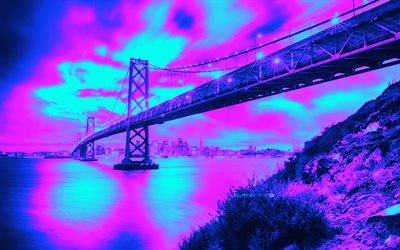 4k, Golden Gate Bridge, Cyberpunk, nightscapes, american landmarks, american tourist attractions, San Francisco, USA, America, Golden Gate Bridge Cyberpunk