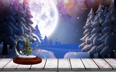 4k, شجرة عيد الميلاد في القارورة, القمر, 3d أشجار عيد الميلاد, انجرافات الثلج, زينة عيد الميلاد, شجرة عيد الميلاد, سنة جديدة سعيدة, أشجار عيد الميلاد, الشتاء