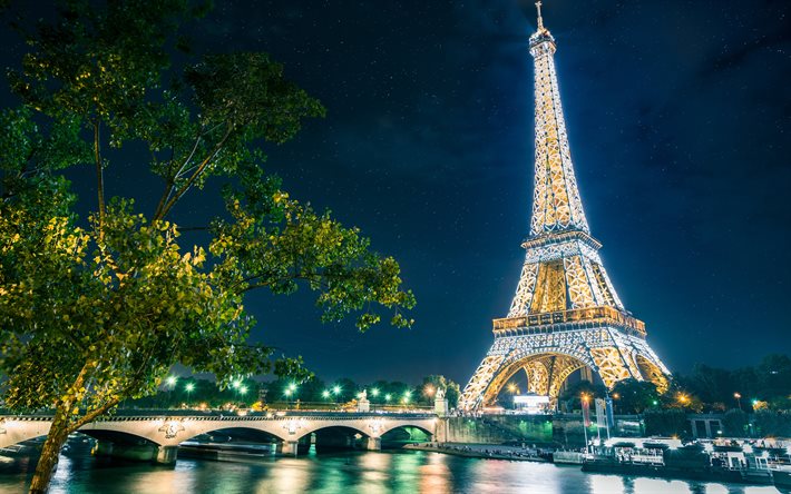 밤, 조명, 빛나는 밤하늘, 에펠 타워, 파리