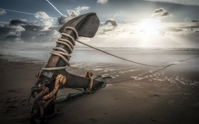 anchor, sea, beach, ropes