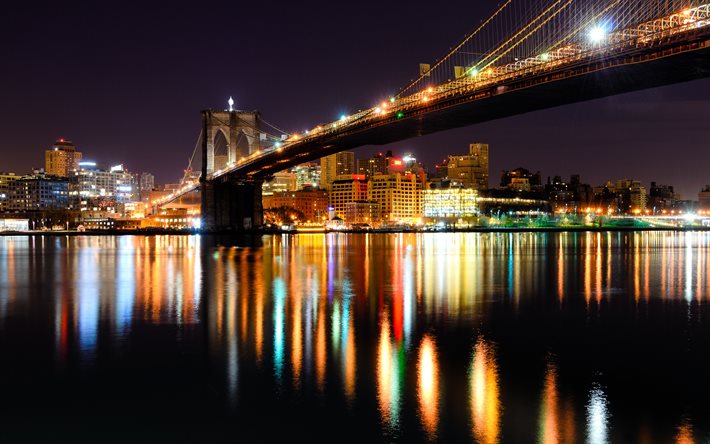 New York, l'Amérique, le Pont de Brooklyn de nuit, new york, états-unis
