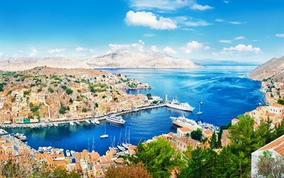 bay, coast, resort, cruise ship, sea, Greece, Symi, Aegean Sea