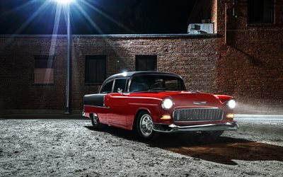 retro otomobil, 1955, Chevrolet Bel Air, gece, Chevy Speed, kırmızı Bel Air