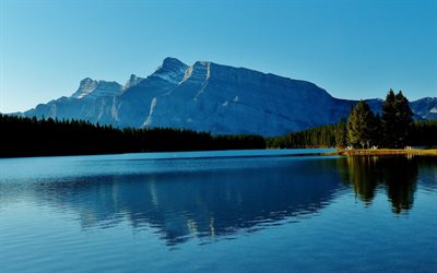 lake, mountains, blue sky, mountain, Alberta, Canada, Two Jack Lake, Banff National Park