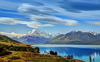 بحيرة pukaki, الصيف, الجبال, الغيوم, السماء الزرقاء, نيوزيلندا