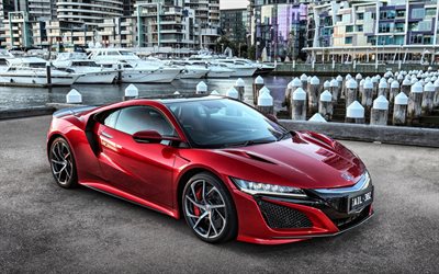Acura NSX, yacht, 2017 voitures, pier, rouge nsx, sportcars, Acura