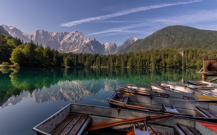 Fusine Lakes, summer, Tarvisio, sunset, Alps, Italy