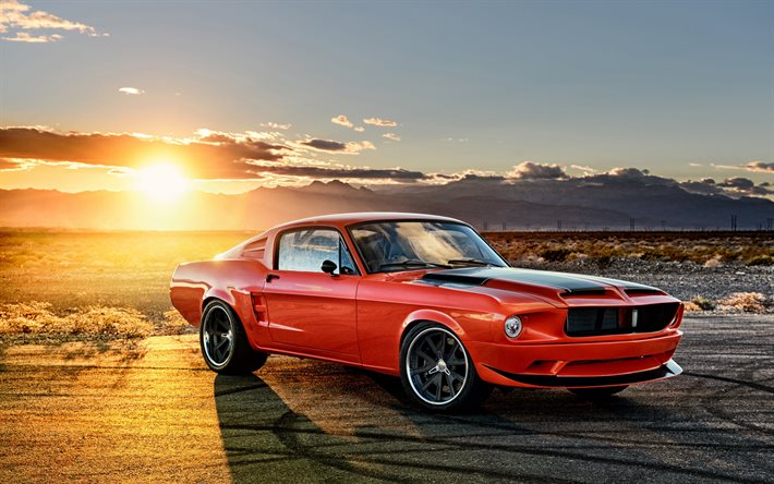 Ford Mustang, 1968 cars, sunset, muscle cars, retro cars, red mustang, Ford