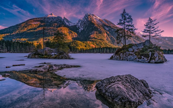 Alemania, invierno, montañas, puesta del sol, bosque, lago, Alpes