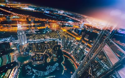 Dubai, tilt-shift, skyscrapers, UAE, nightscape, United Arab Emirates