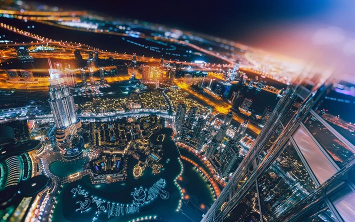 Dubai, tilt-shift, los rascacielos, los EMIRATOS árabes unidos, paisaje nocturno, Emiratos Árabes Unidos