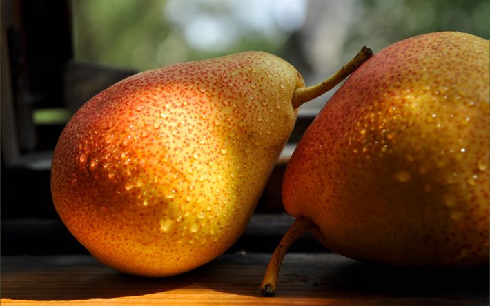 pears, ripe fruit, water on fruits, ripe pears, fruits