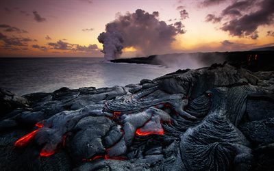 lava, oceano, costa, brilhando a terra, poeira vulcânica, hawaiian volcanic national park, havaí, eua