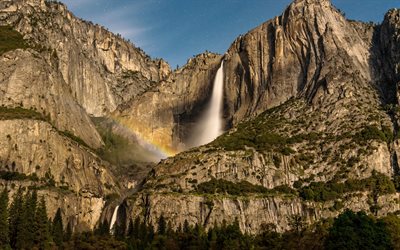 rock, waterfall, rainbow, blue sky, mountain, Yosemite National Park, California, USA