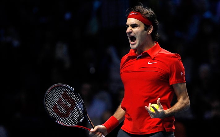 Roger Federer, tennis player, red uniform, ATP, joy, match