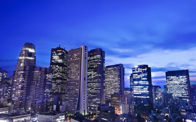 tokyo, natt, skyskrapor, huvudstad, japan