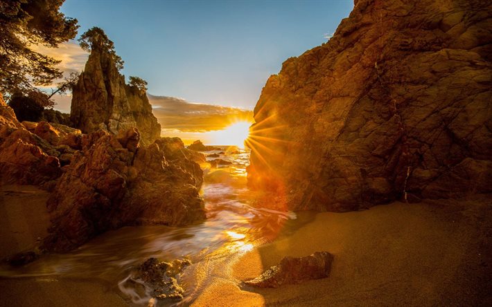 Costa Brava, kayalar, Gün batımı, deniz, Spain