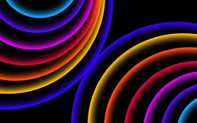 4k, cerchi colorati, sfondi neri, anelli colorati, design dei materiali, forme geometriche, modelli di cerchi, sfondo con cerchi